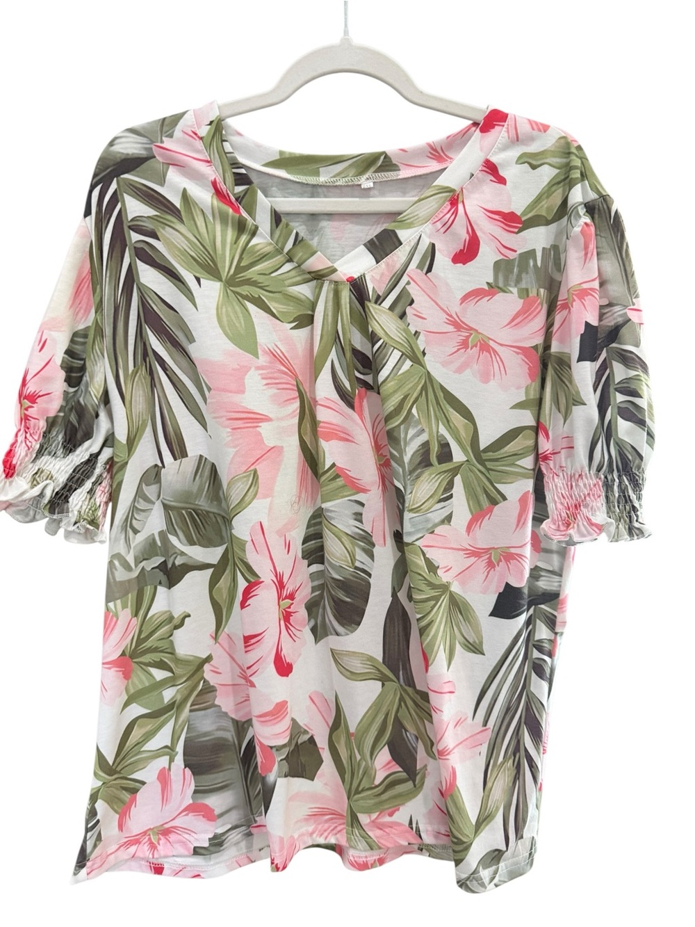 Women’s Tropical Floral V-Neck Smocked Short Sleeve Blouse 2XL